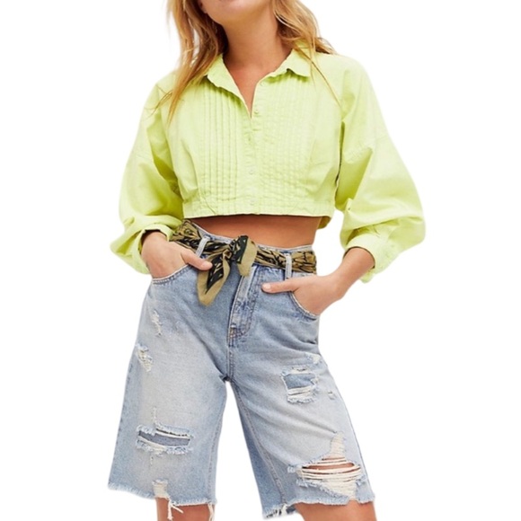 FREE PEOPLE Quinn neon green button up pleated cropped top size XSMALL - Picture 2 of 5